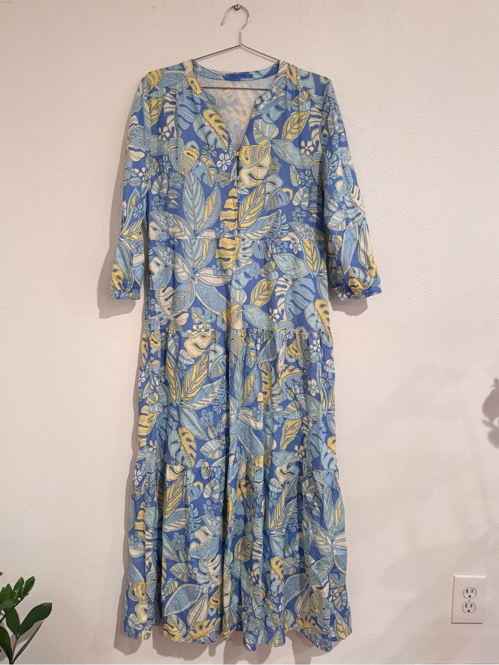 J. McLaughlin Cunningham Dress Linen Cotton Blend Blue Yellow Floral Midi
